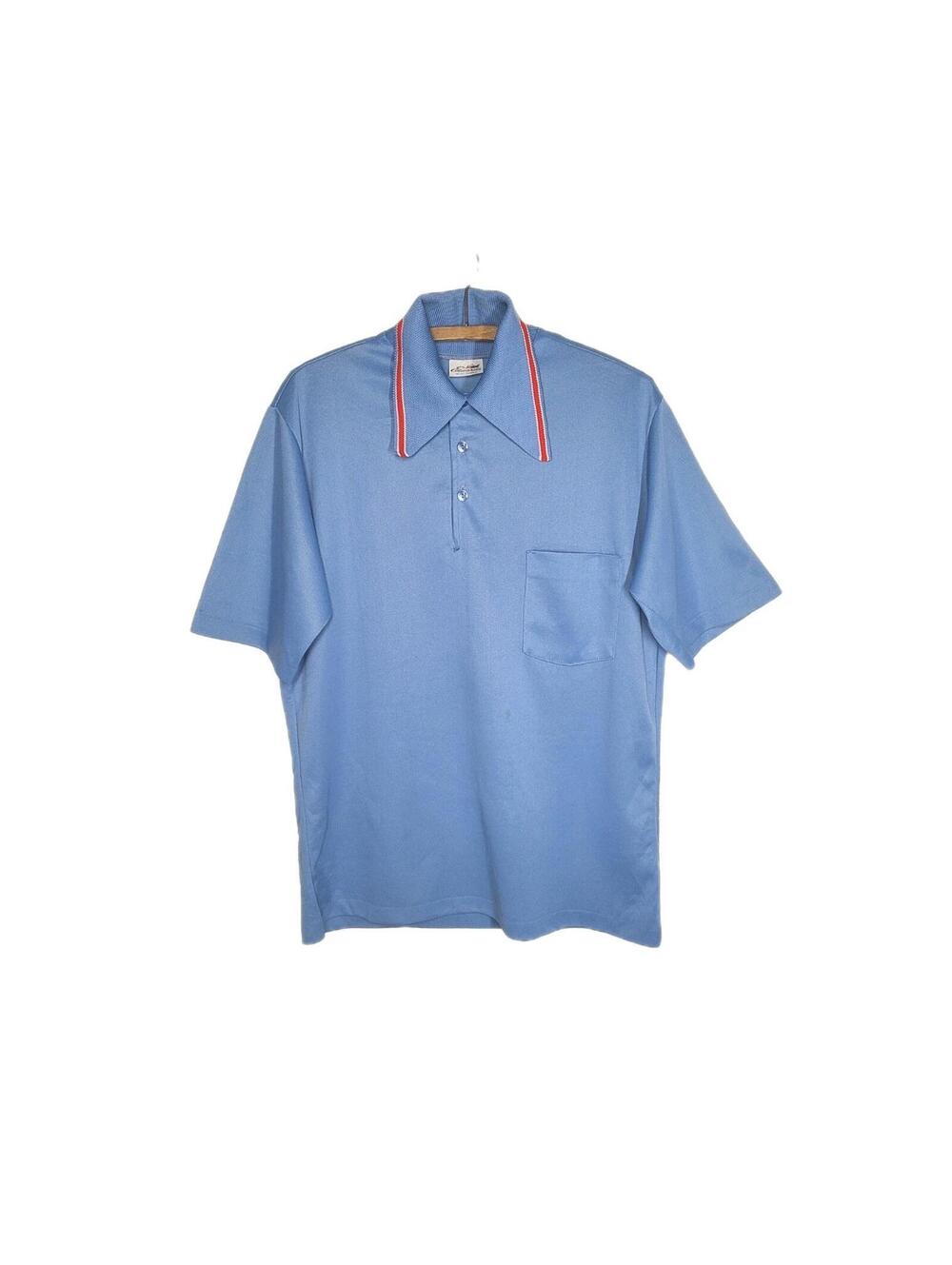 1970s Mens Polo Shirt Large Blue Knit Poly Collared Short Sleeve Edwards